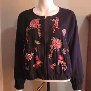 NEW YORK & CO Women’s Black Embroidered Zip Jacket XL Floral Boho Bomber Style